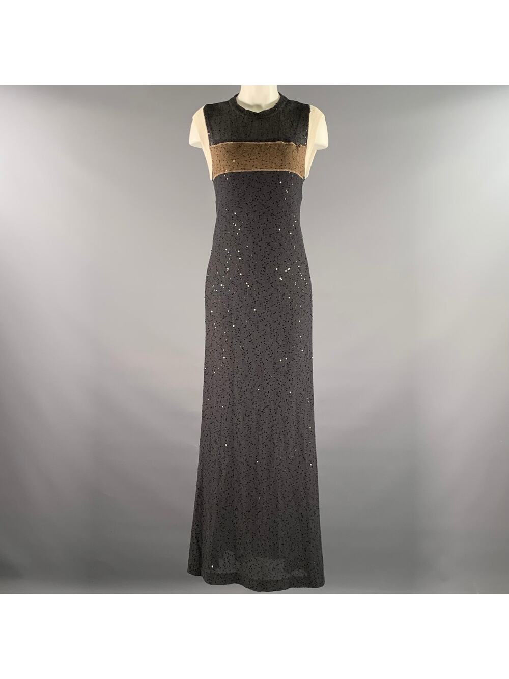 BRUNELLO CUCINELLI Size S Grey Tan Linen Silk Color Block Sequin Maxi Long Dress